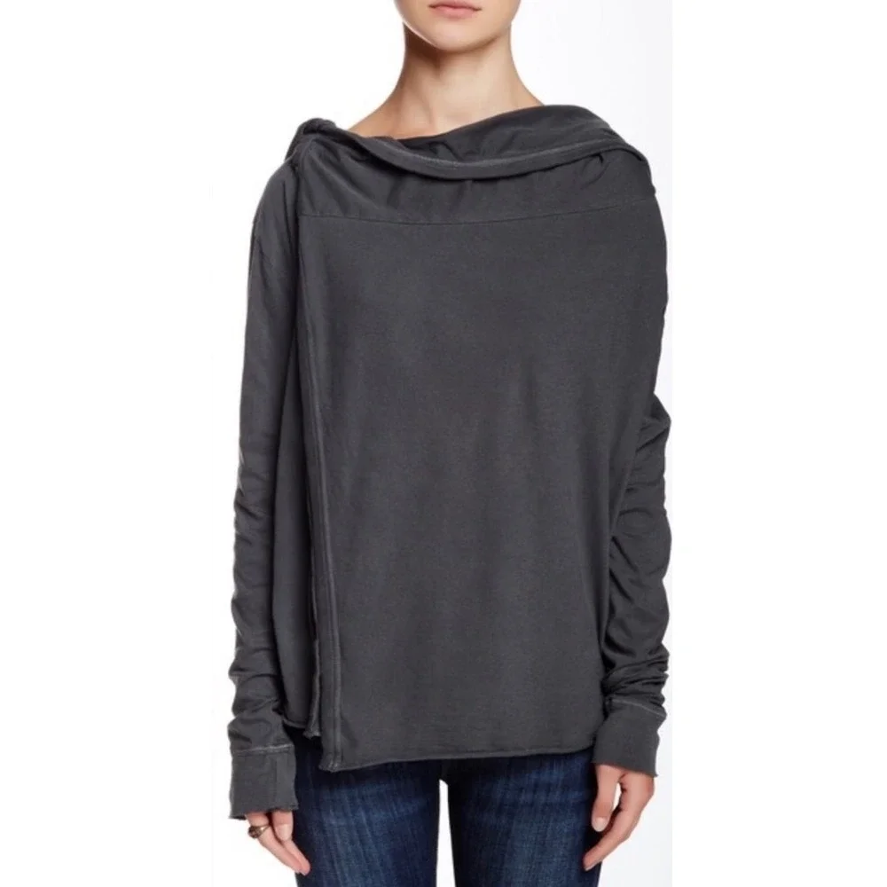 Free People We The Free Bond Cardigan Charcoal Grey Asymmetrical Wrap Hooded S